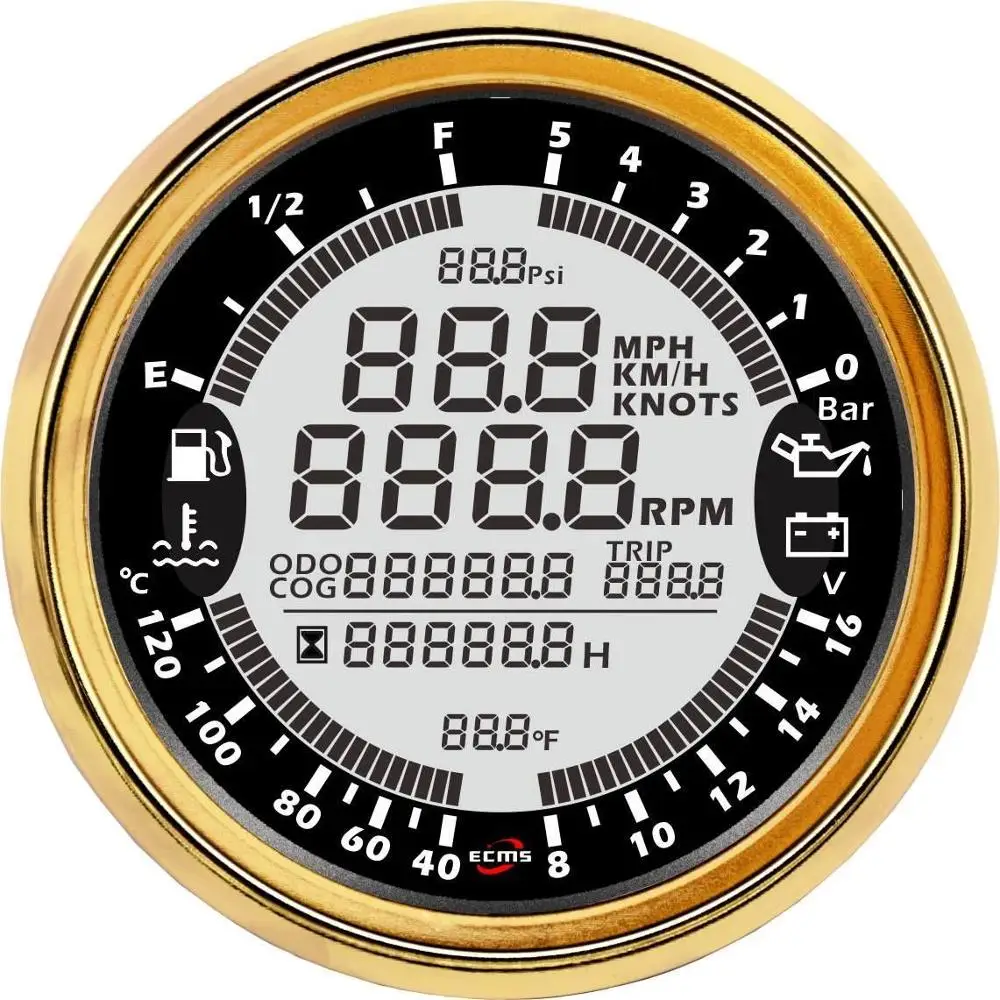 Морской катер цифровой gps Спидометр Тахометр 6в1 Многофункциональный датчик 8-16 в 10 бар 85 мм 7 цветов 316L ободок - Цвет: Golden bezel with bl