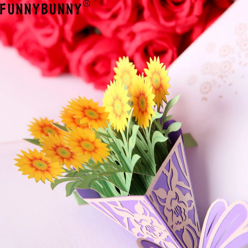 FUNNYBUNNY 3D всплывающие солнечные цветы открытки поздравительные с юбилеем|Открытки