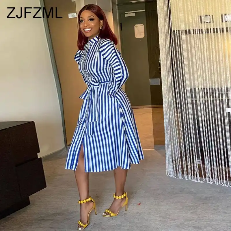 blue and white striped long sleeve dress