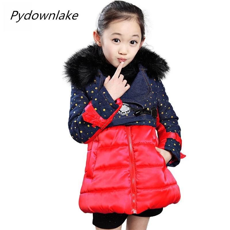 2017 girls clothes new winter girl fur collar polka dot jeans patchwork coat children sets snow wear cotton jacket contrast collar polka dot top