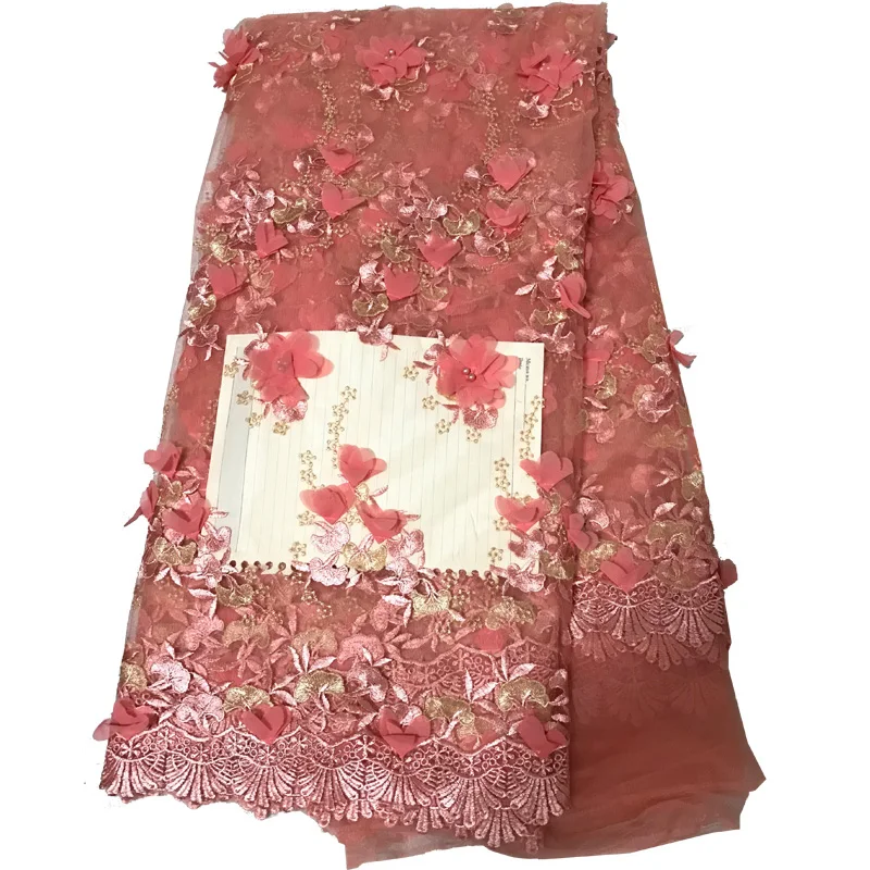 

Free shipping (5yards/pc) high quality appliqued French lace fabric peach African net lace with beads for party dress FZD01
