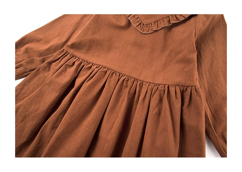 Коричневое однотонное платье с длинными рукавами в Корейском стиле для больших девочек Хлопковое льняное платье Новинка года, Осенняя детская одежда принцессы с бантом