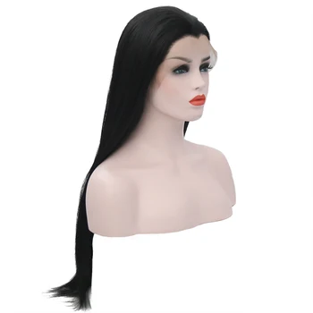 JOY&BEAUTY 22-28 Inch Long Silky Straight Black Synthetic Lace Front Wig Glueless Heat Resistant Fiber For Black White Women Wig 5