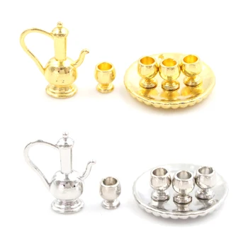 

6pcs/set Silver/ Golden Metal Teapot Set Dollhouse Miniatures 1:12 Accessories DIY Dollhouse Tea Party Doll House Accessories