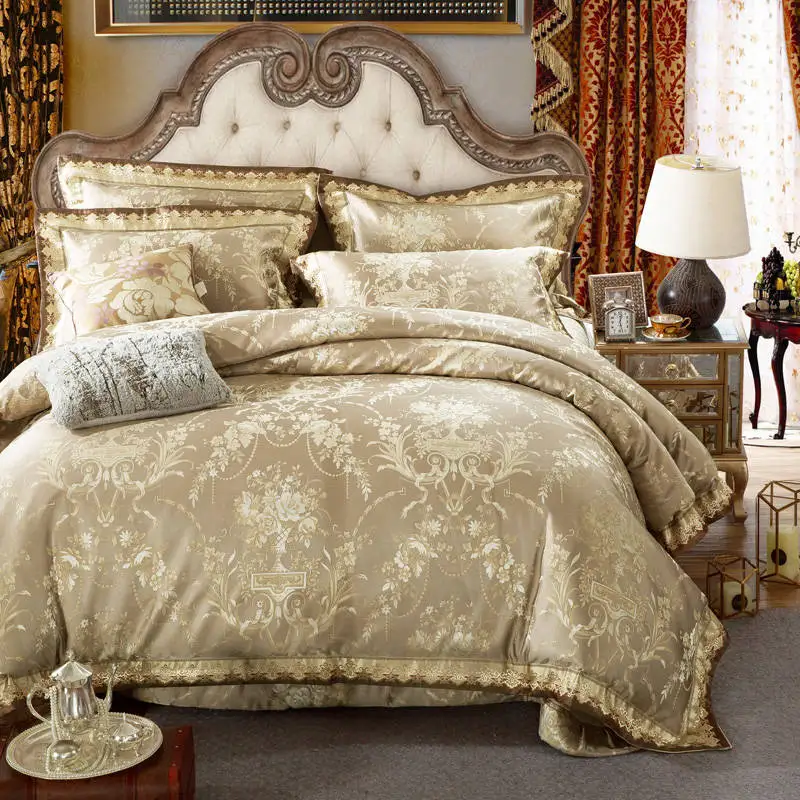 

Chinese floral Golden quilted Bedspreads King Size Jacquard Embroidery cotton Bedding Set satin comforter cover 4/5pc bed linens