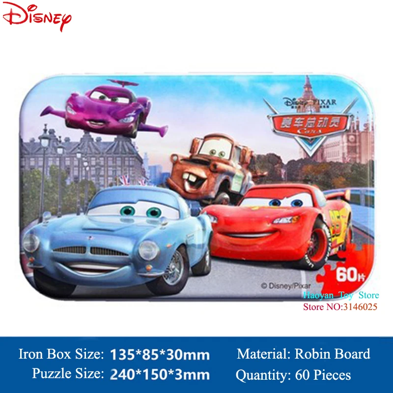 

Disney New 60PCS Mickey Snow Princess Sophia Racing Wooden Iron Box Puzzle Young Children Baby Early Education Puzzle Toys Gifts