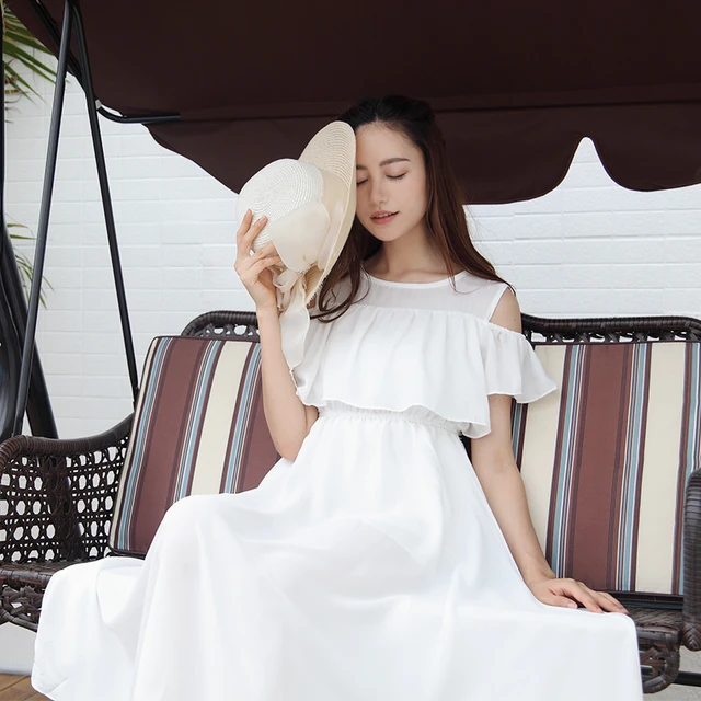 2017 Summer Women Chiffon Boho Beach Dress Female Slim Off The Shoulder High Waist Strapless Dress White Long Dresses Sundress