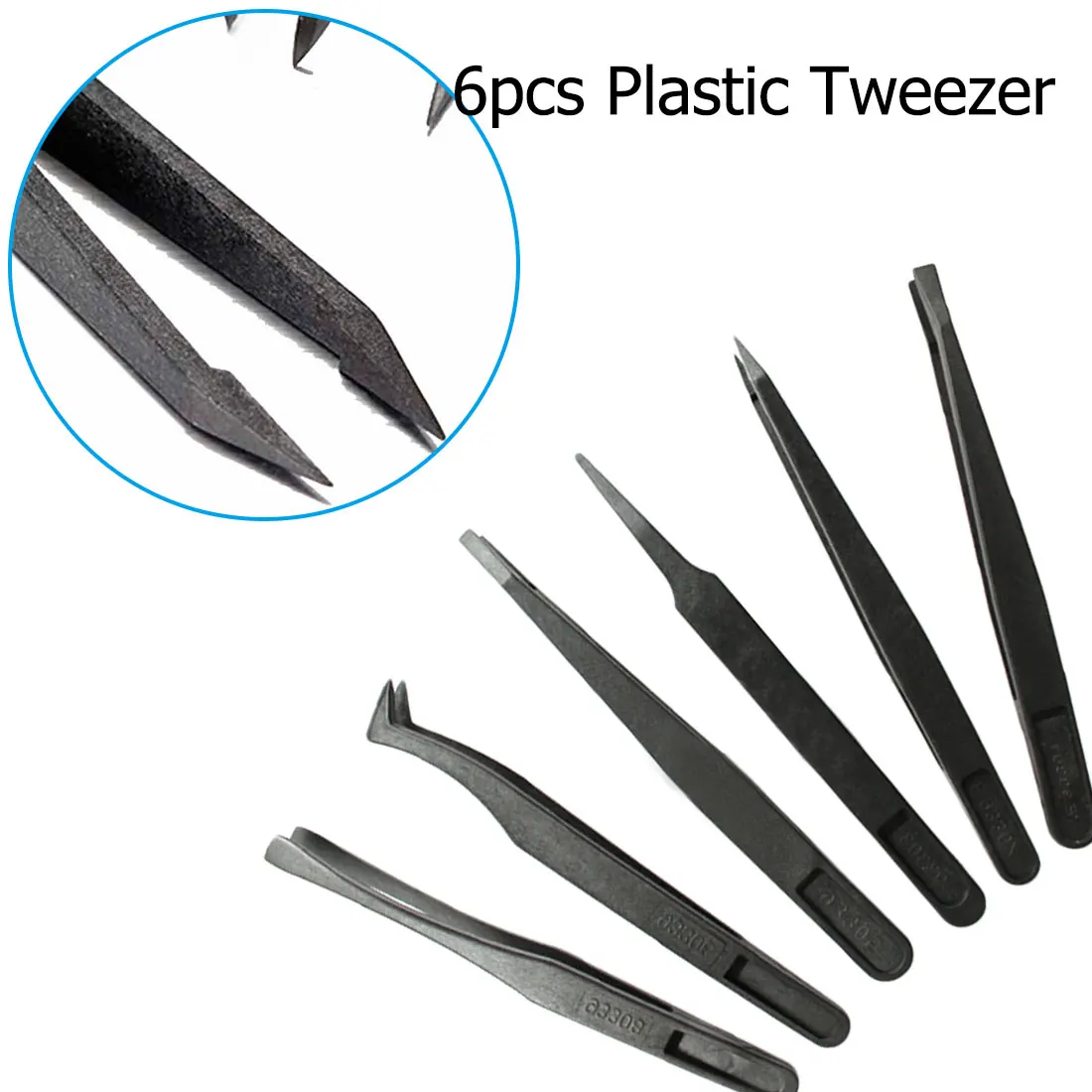 Hand Tools 6pcs/set Straight Bend Anti-static Plastic Tweezer Heat Resistant Repair Tool Flexibility Black