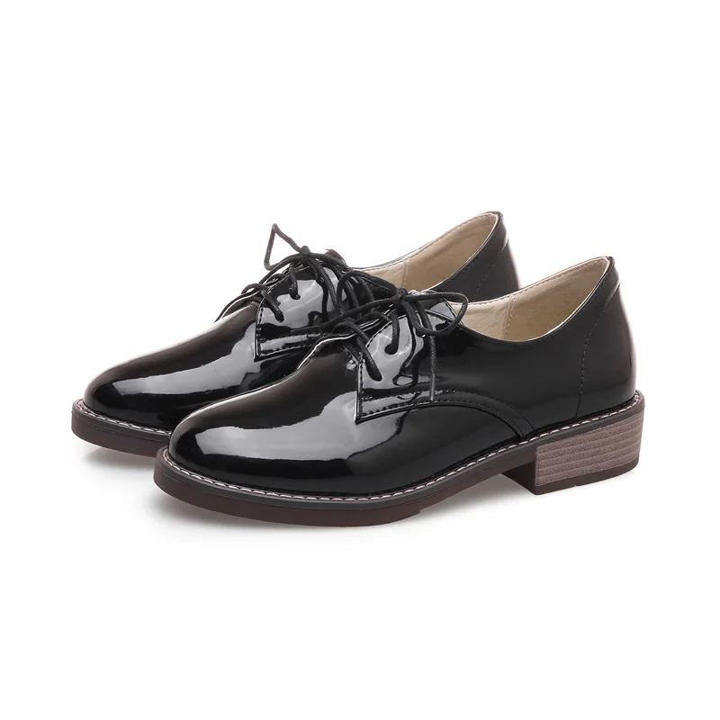 Oxfords Shoes Woman Casual Loafers Lace-Up Flats Fashion Brogue Shoes Patent PU Leather Women Shoes Plus Size Pink Beige Black (11)