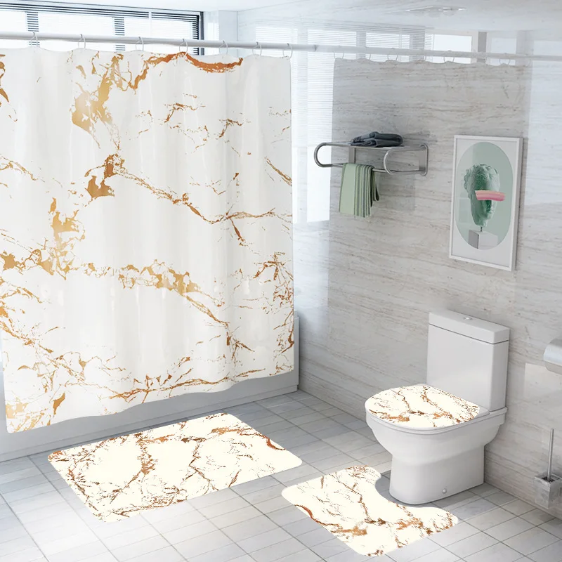 Billige Marmor Druck Dusche Vorhang 4 Stück Teppich Abdeckung Wc Abdeckung Bad Matte Pad Set Bad Vorhang mit 12 Haken