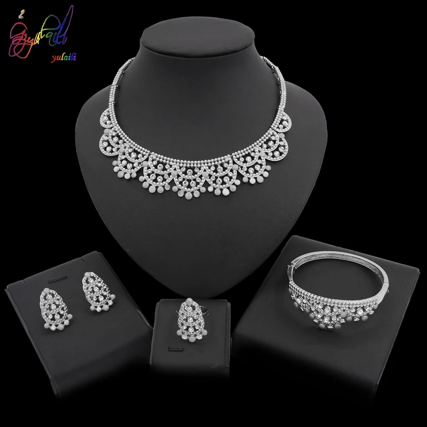 

Yulaili Fashion Bridal Wedding Jewelry Sets For Women Rhinestone Crystal Jewelry Set Bracelet Earrings Set Indian Accessories