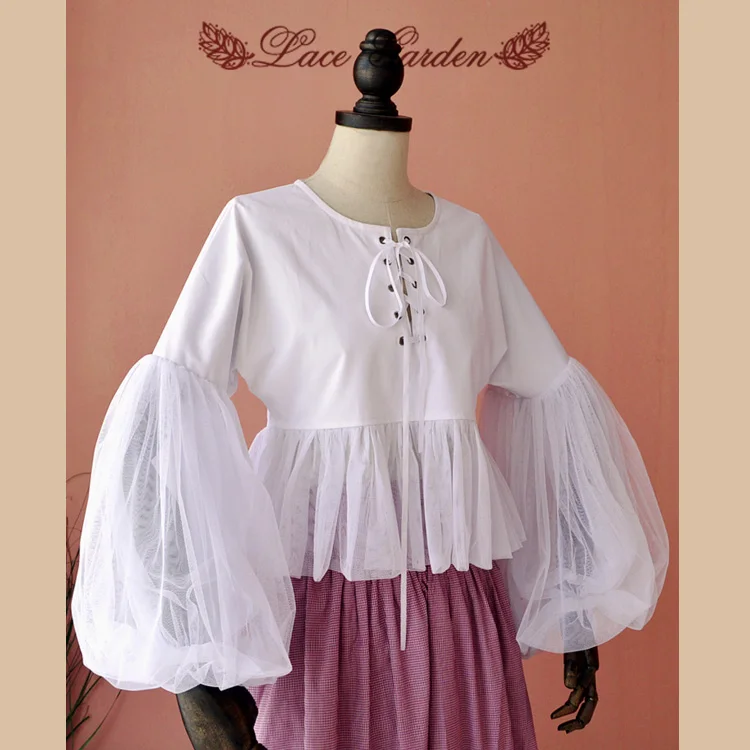 Vintage Victorian Style Women's White Blouse Long Lantern Sleeve Cotton