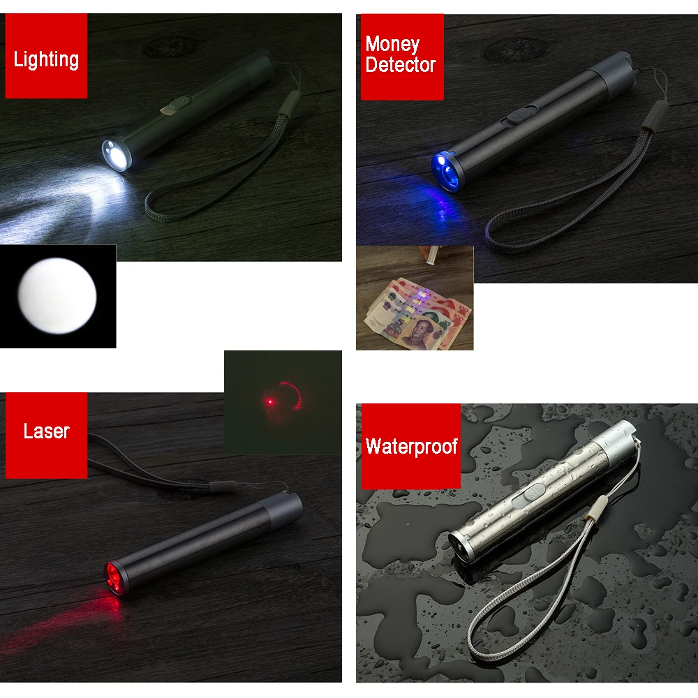 Многофункциональный перезаряжаемый светодиодный ультрафиолетовые фонари мини портативный водонепроницаемый детектор денег лазерный указатель светильник наружный USB флэш-светильник