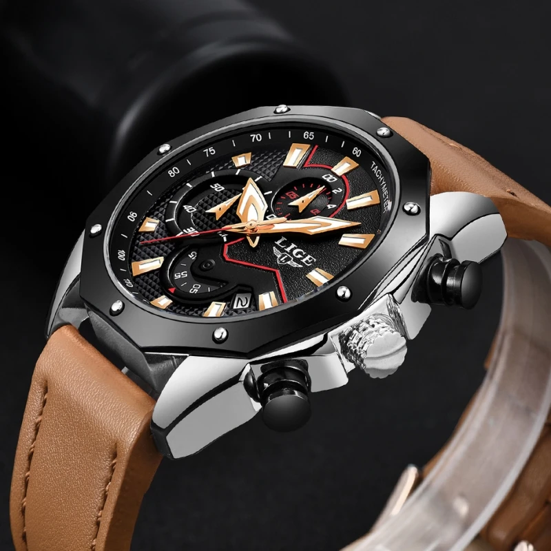 

LIGE Mens Watches Top Brand Luxury Quartz Watch Men's Military Leather Sports Waterproof Luminous Watch Relogio Masculino+Box
