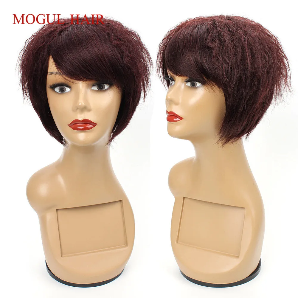 

Mogul Hair Remy Human Hair Wig with Bang Machine Made Wig Burgundy Dark Wine Color Yaki Straight on Top 99j Short Hair Wigs