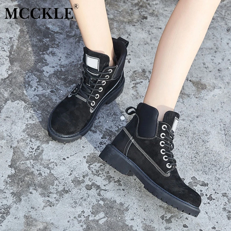 

MCCKLE Women Genuine Leather Platform Ankle Boots Winter Lace up Low Heel Woman's Shoes Vintage Short Footwear Female