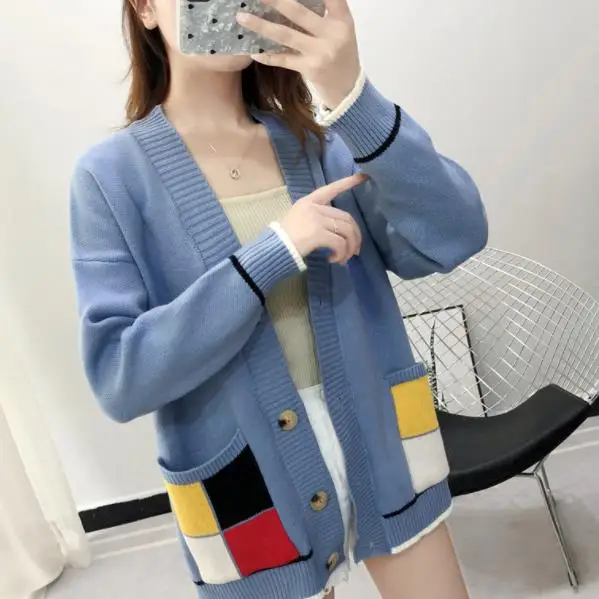 

2019 Casual Lazy Wind Sweater Autumn Korean Style Knitted Overcoat Loose V-neck Geometric Pullovers Woman Fashion
