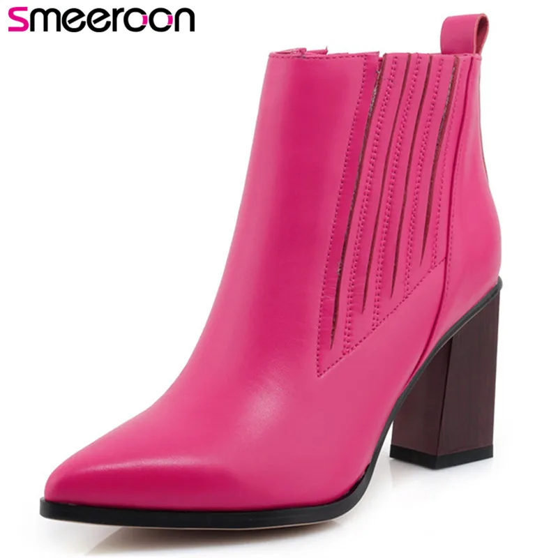 

Smeeroon autumn pointed toe winter boots for women genuine leather boots slip on ankle boots high heels boots big size 33-40