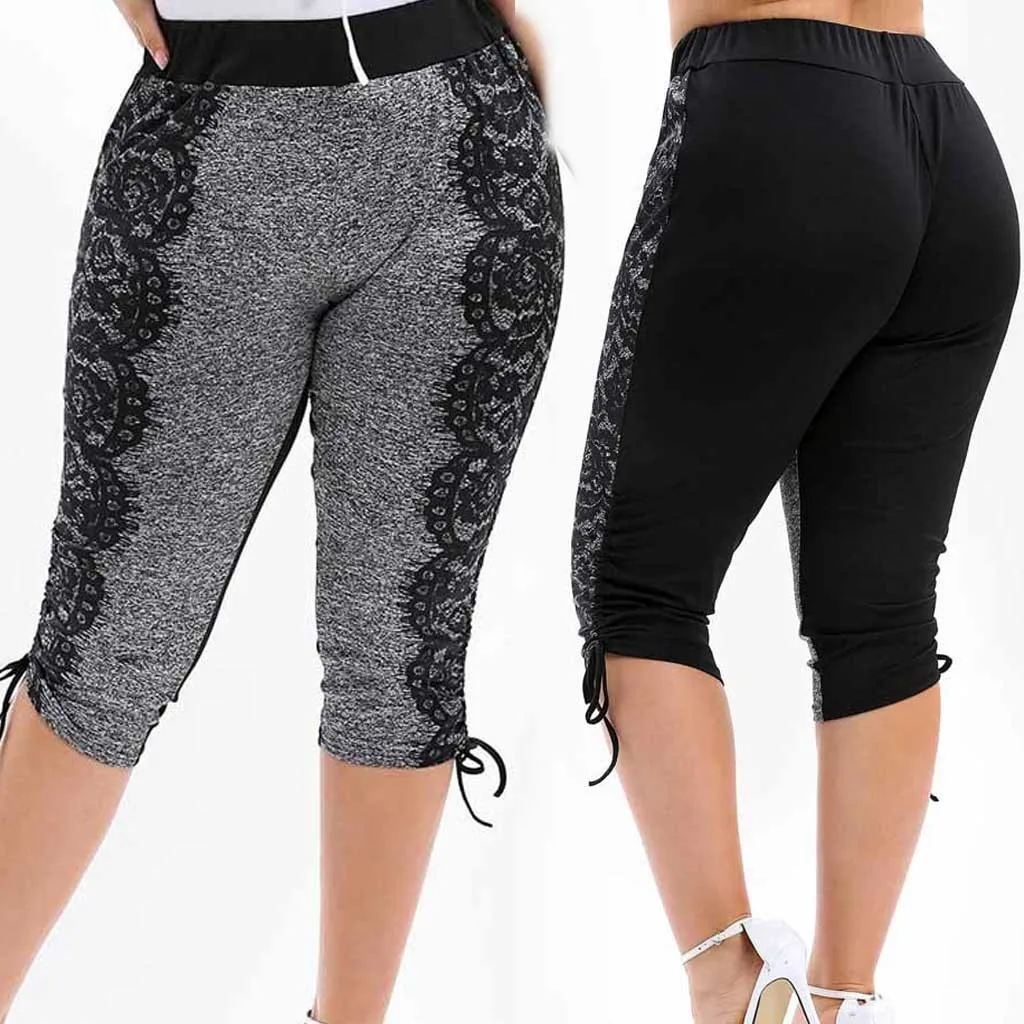 

Womens Plus Size High Waist Yoga Shorts Lace Calf Length Sport yoga shorts Large size lace stitching yoga shorts 2019 New A3053