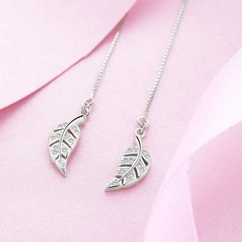 

Fashion Exquisite 6*15mm Leaf Sterling Silver 925 Ear Line dangle 4.2'' Earring-ear642