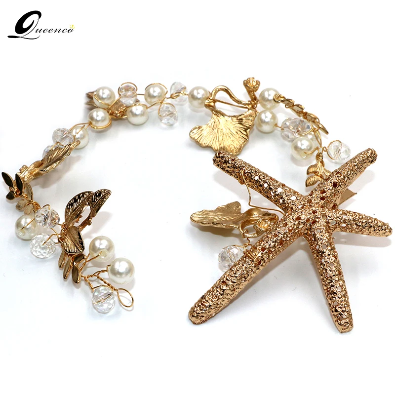 

The New Tiara Bridal Hair Accessories Starfish Headband Hair Clip Bride Handmade Tiaras Soft Pearl Hair Jewelry Headpiece
