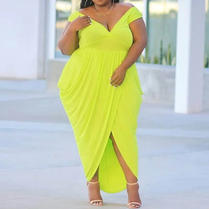 

Plus Size Dress 2019 Summer Short Sleeve Floor-Length High Waist Plain Dresses Green Pleated Party Club Dresses Robe