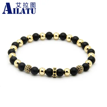 

Ailatu Wholesale 10pcs/lot High Grade Jewelry 6mm Micro Inlay Black Zircons Lucky Cz Beads Bracelets with 6mm Matte Onyx Stone