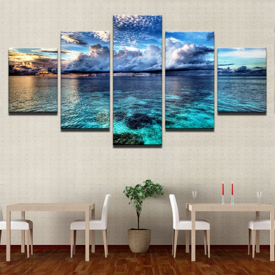 

Art Canvas Painting Wall Modular Print Pictures 5 Panel Blue Sky White Clouds Sunset Sea View Living Room Framework Decoration
