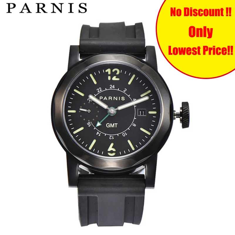 43mm Men Mechanical Watch Parnis Mens Automatic Watches GMT Sea-gull 2557 Black Rubber Strap 100M W
