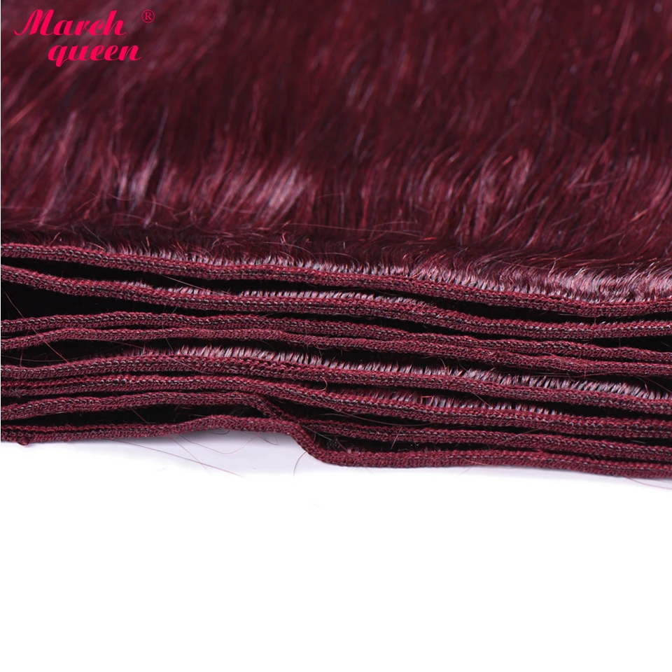  March Queen Mongolian Straight Hair Bundles With Closure #99J Red Wine Color Human Hair Weave 3 Pie