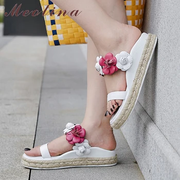 

Meotina Summer Shoes Women Slippers Natural Genuine Leather Flat Platform Shoes Sweet Flower Open Toe Slides Lady Sandals 34-39