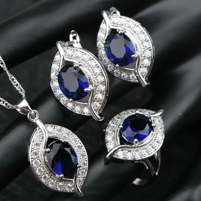 Blue ONOFYU 11,11 фестиваль покупок зеленый кубический цирконий серебро 925 ювелирные наборы для женщин серьги/кулон/ожерелье/кольца - Окраска металла: Blue