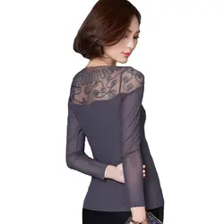 Для женщин; Большие размеры Кружево крючком Топы корректирующие Camisa feminina Демисезонный пикантные сетчатые blusa с длинным рукавом Тонкий