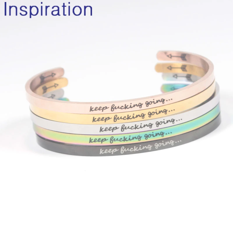 

5 Color keep going Outside Engraved Love Quotes Bangle High Polished Open Cuff Women Men Mantra Bracelet Gift For Girl Friend