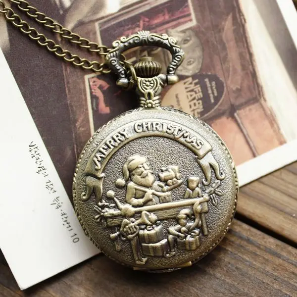 

(1143) Vintage Bronze MERRY CHRISTMAS Pocket Watch Necklace, Dia 4.7.cm, 12pcs/lot, Free shipping