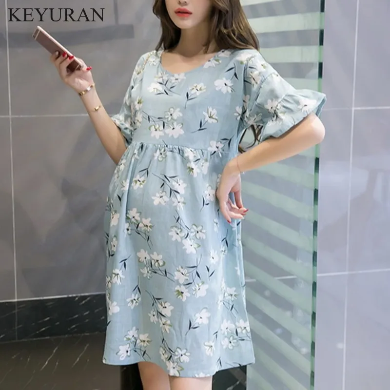 Summer Maternity Nursing Dress Floral Printed Breastfeeding Clothes for