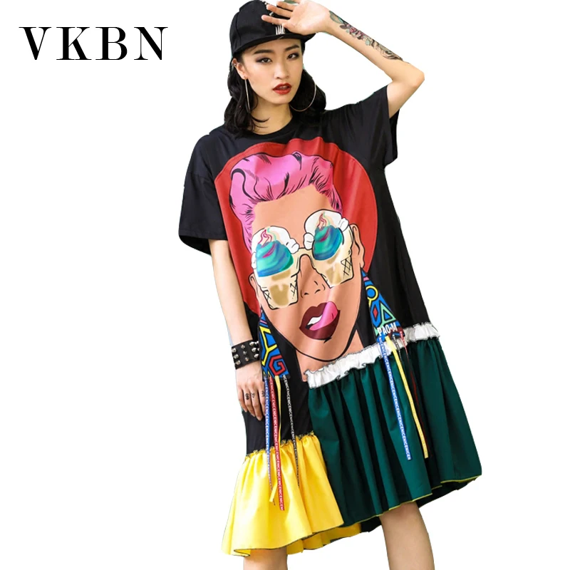 

VKBN Tide Summer Dress Woman 2019 New Loose Waist Embroidery Spelling Color Dress Long Dress