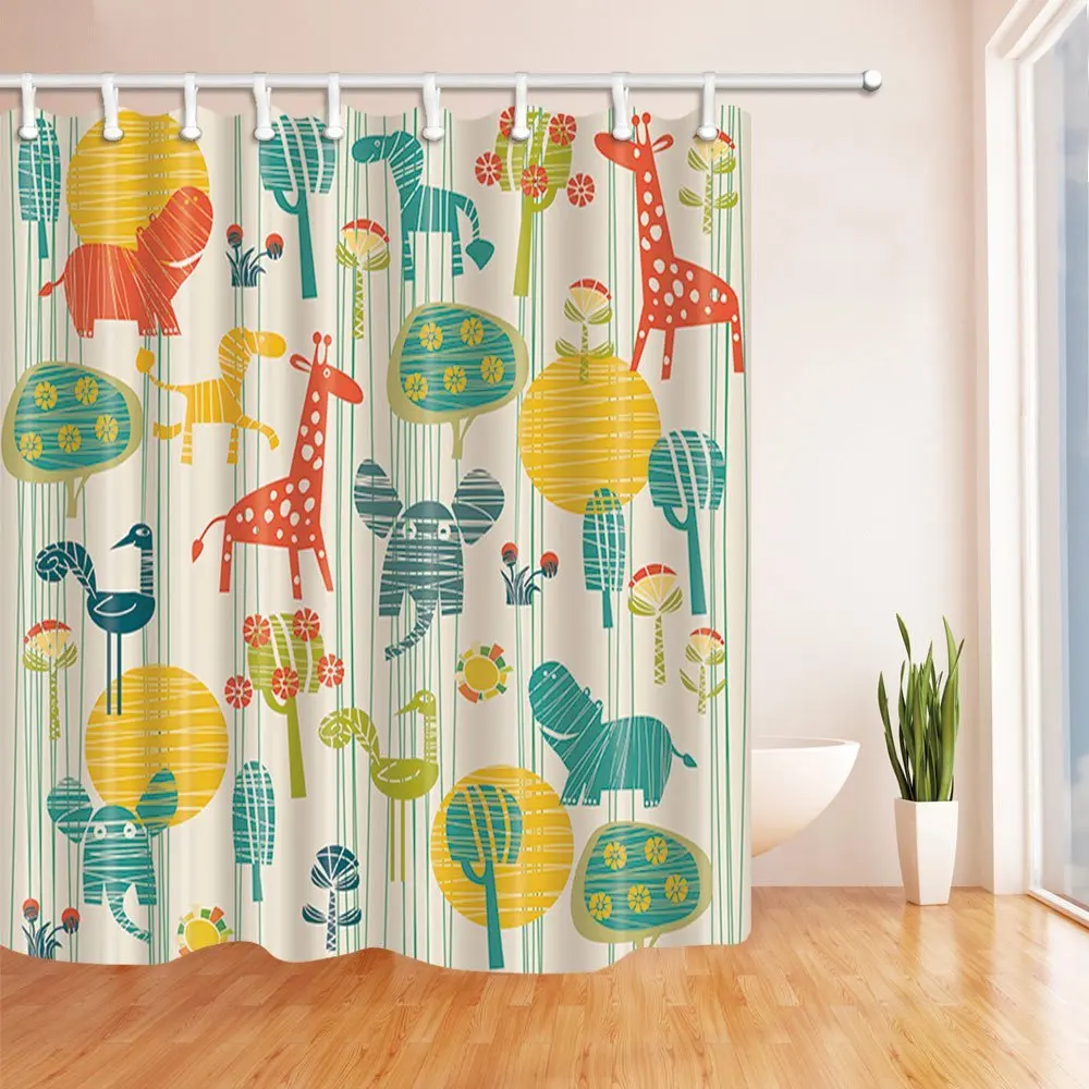 Kids Shower Curtain Cartoon Elephant Giraffe With Trees In Brown