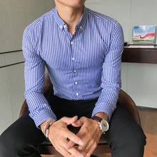 Мода Новая Осенняя Для мужчин рубашка Повседневное Slim Fit Бизнес Полосатые рубашки платье Для мужчин с длинным рукавом ночного клуба вечерние смокинг 3XL-M