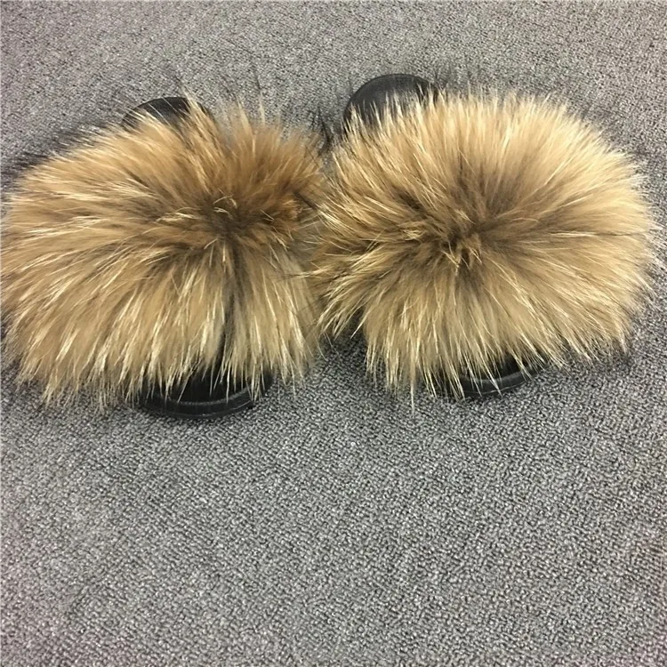 Fluffy Slippers Real Fox Fur Slides Indoor Flip Flops Casual High Recommend Raccoon Fur Sandals Vogue Plush Shoes - Color: sky blue