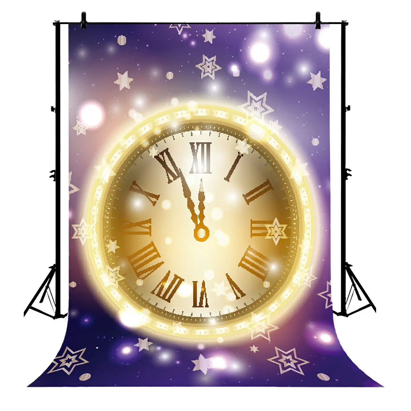 

5x7ft Happy New Years Elegant Purple Stars Gold Round Clock Polyester Photo Background Portrait Backdrop