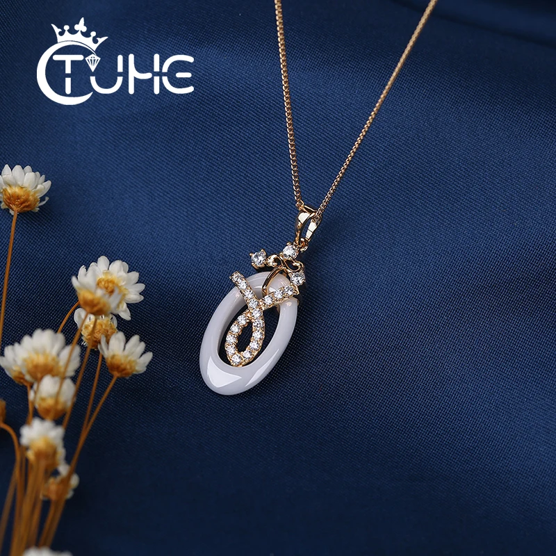 New Fashion Healthy Ceramic Pendant Necklace White Ceramic Gold Metal