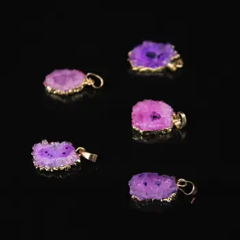 

5pcs/lot,Purple Pink Titanium Quartz Slab Gold edged Pendants,Natural Druzy Agates Geode Freeform Slice Nugget Pendant Necklace