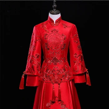 

Cheongsam For Women Wedding Elegant Button Vestidos Ancient Qipao Embroidery Long Sleeve Traditional Chinese Red Dress Suit