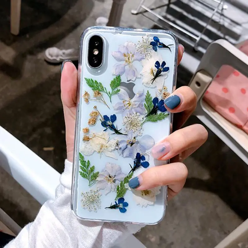 Настоящие цветы сухоцветы Мягкие TPU чехол для iPhone X XS XR XS Max 6 6 S 7 8 плюс Прозрачный Bling Красивая задняя крышка - Цвет: T4