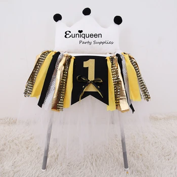 

Gold Black Birthday Banner High chair Decoration Kids Party Banners Fabric Banners Feeding Chair ONE years TWO yeas old THREE