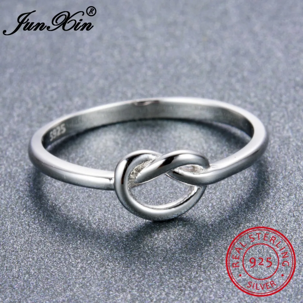 JUNXIN Minimalist Heart Knot Finger Ring Real 925 Sterling Silver Rings For Women Promise Wedding Jewelry Valentine's Day Gift