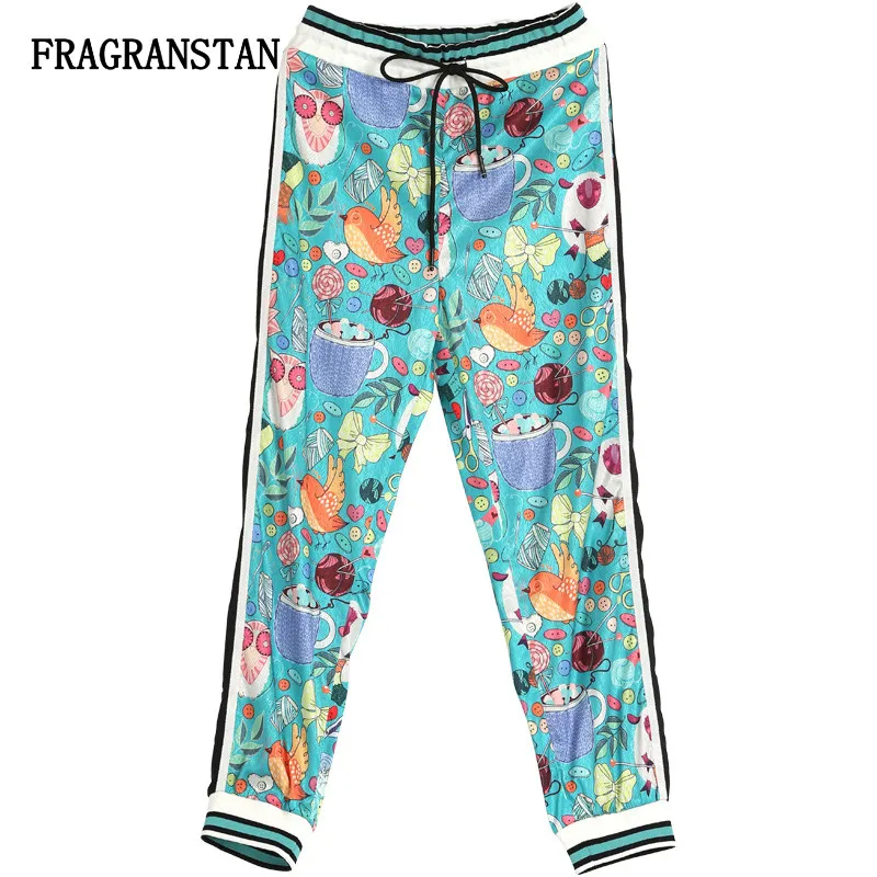 

2018 New Spring Summer Women Blue Casual Long Pants Female Fashion Letter Cartoon Print High Quality Drawstring Trousers JQ767