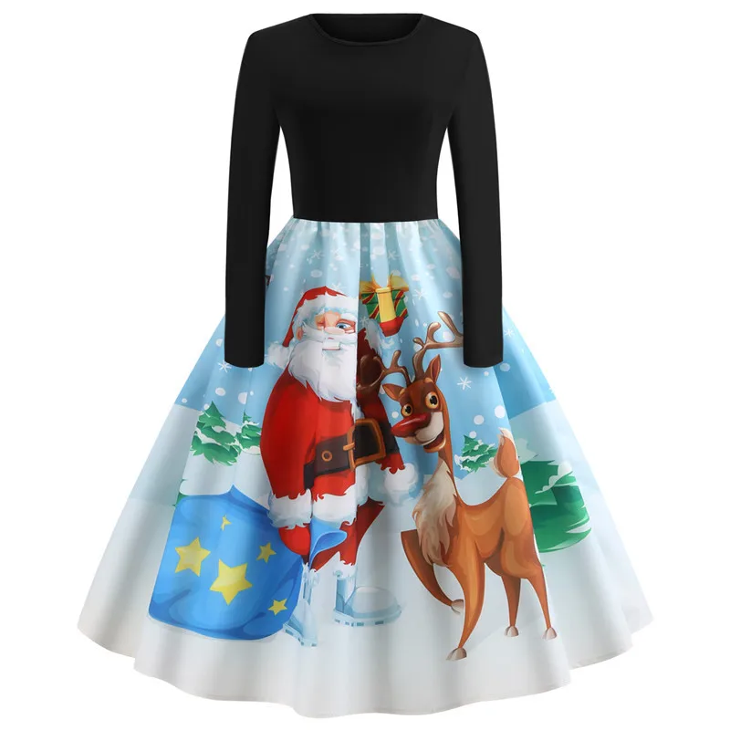 Винтажное женское платье с длинным рукавом, рождественское платье с принтом, зимнее элегантное платье для вечеринок, женское повседневное платье в стиле рокабилли Vestidos
