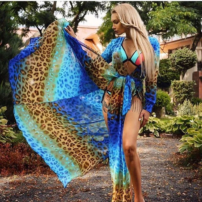 

Sexy Deep V Neck Backless Blue Leopard Maxi Dress 2 High Splits Dress Floor Length Beach Party Dress